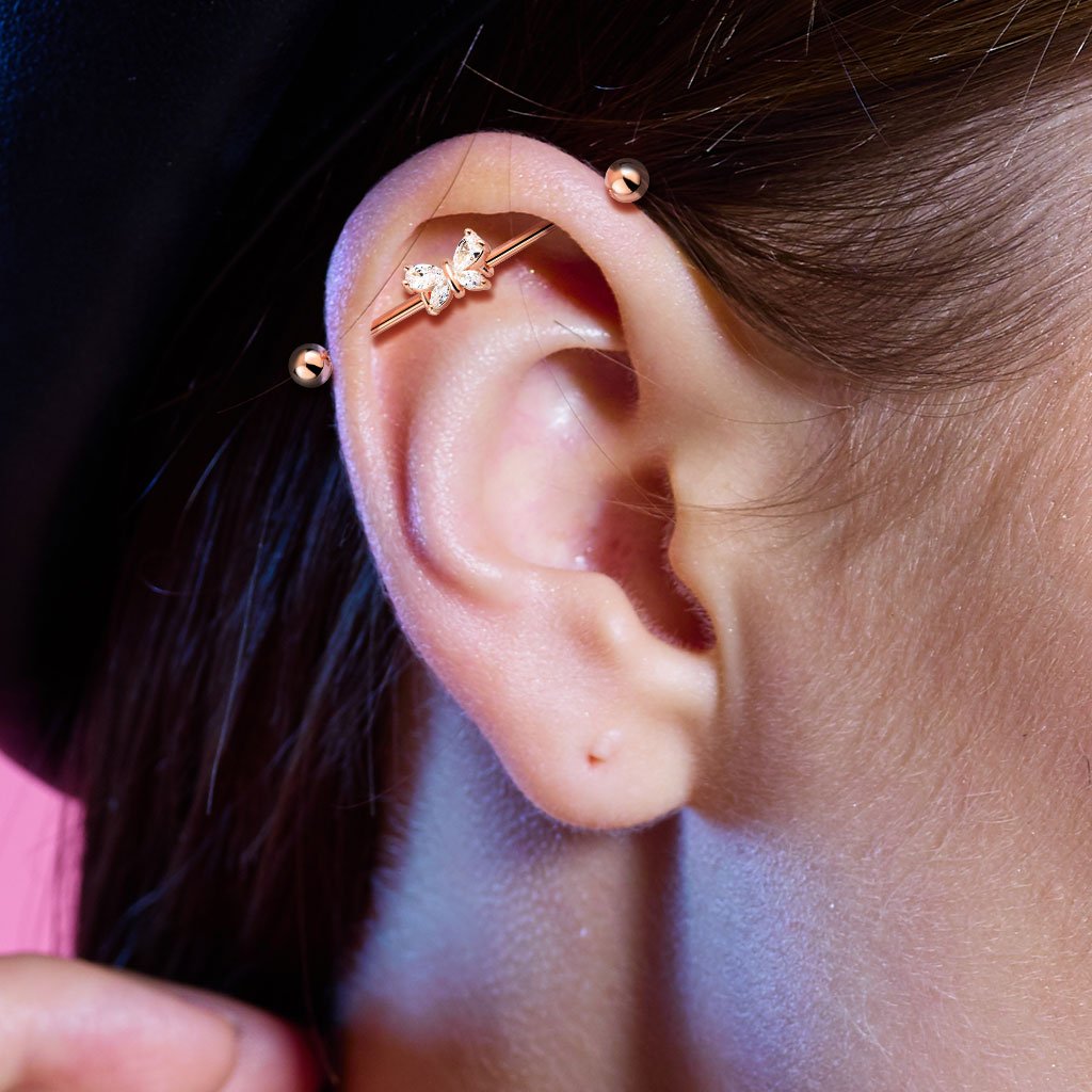 Cherry Diva Barbell 14 Gauge Crystal Butterfly Industrial Barbell