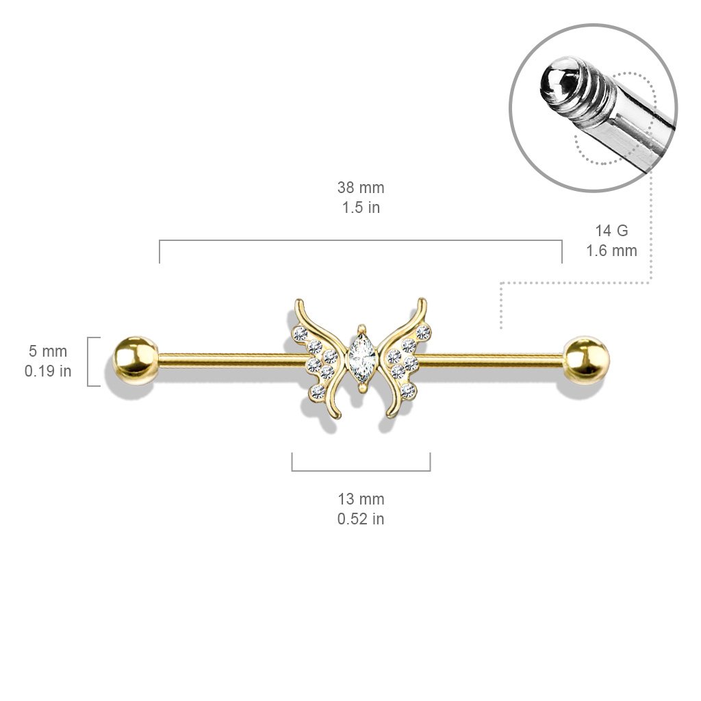Cherry Diva Barbell 14 Gauge Crystal Butterfly Industrial Barbell - Silver