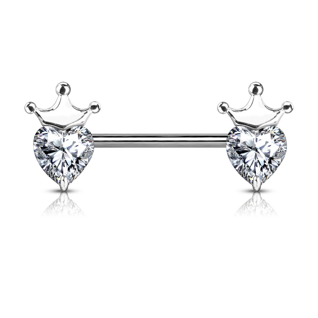 Cherry Diva Nipple Ring Clear Heart / Silver Crown 14 Gauge Crystal Crown & Heart Barbell Nipple Bar