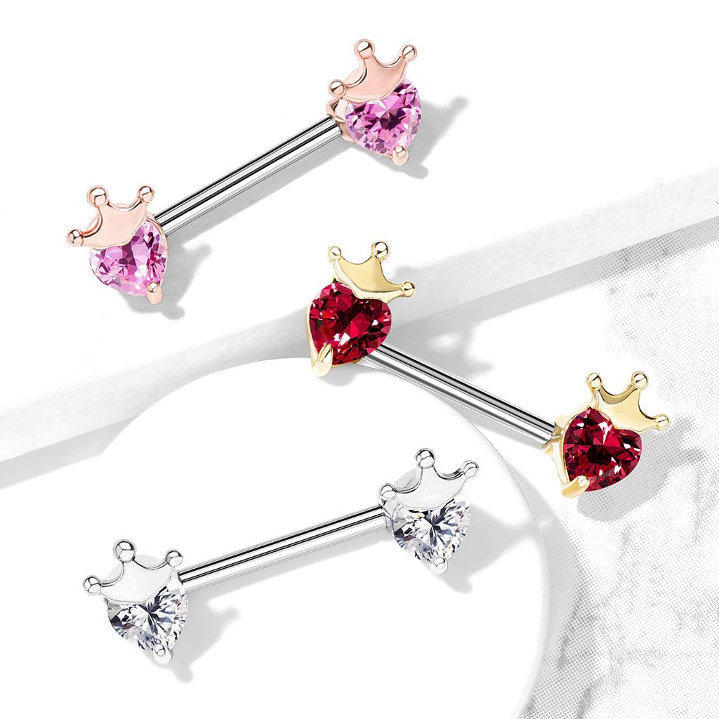 Cherry Diva Nipple Ring 14 Gauge Crystal Crown & Heart Barbell Nipple Bar