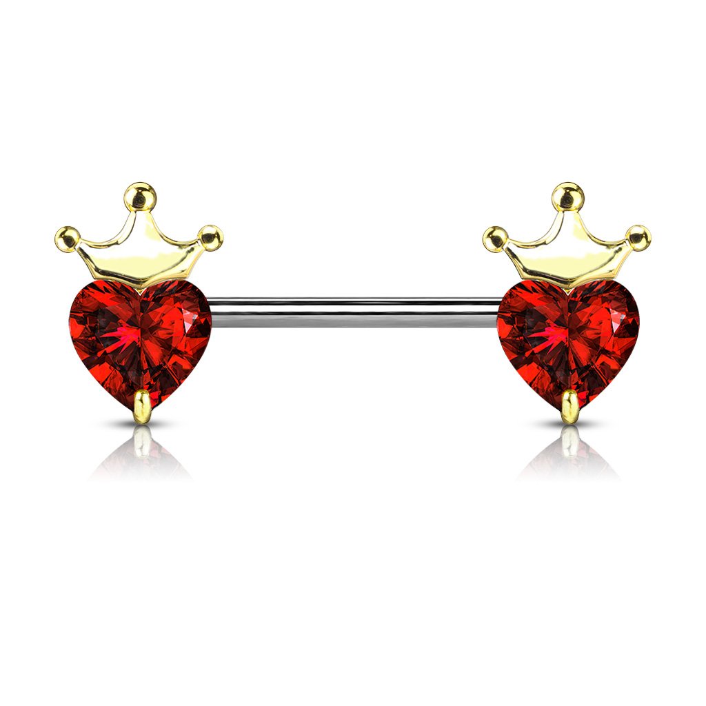 Cherry Diva Nipple Ring Red Heart / Gold Crown 14 Gauge Crystal Crown & Heart Barbell Nipple Bar