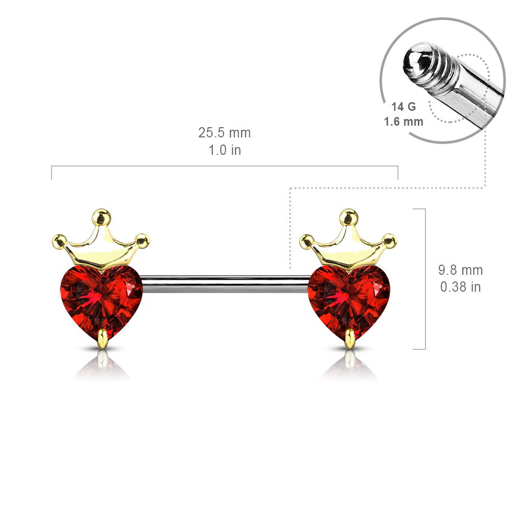 Cherry Diva Nipple Ring 14 Gauge Crystal Crown & Heart Barbell Nipple Bar