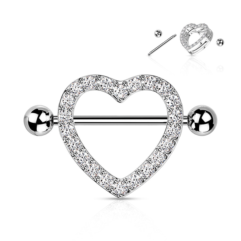 Crystal Heart Nipple Shield Barbell - Clear