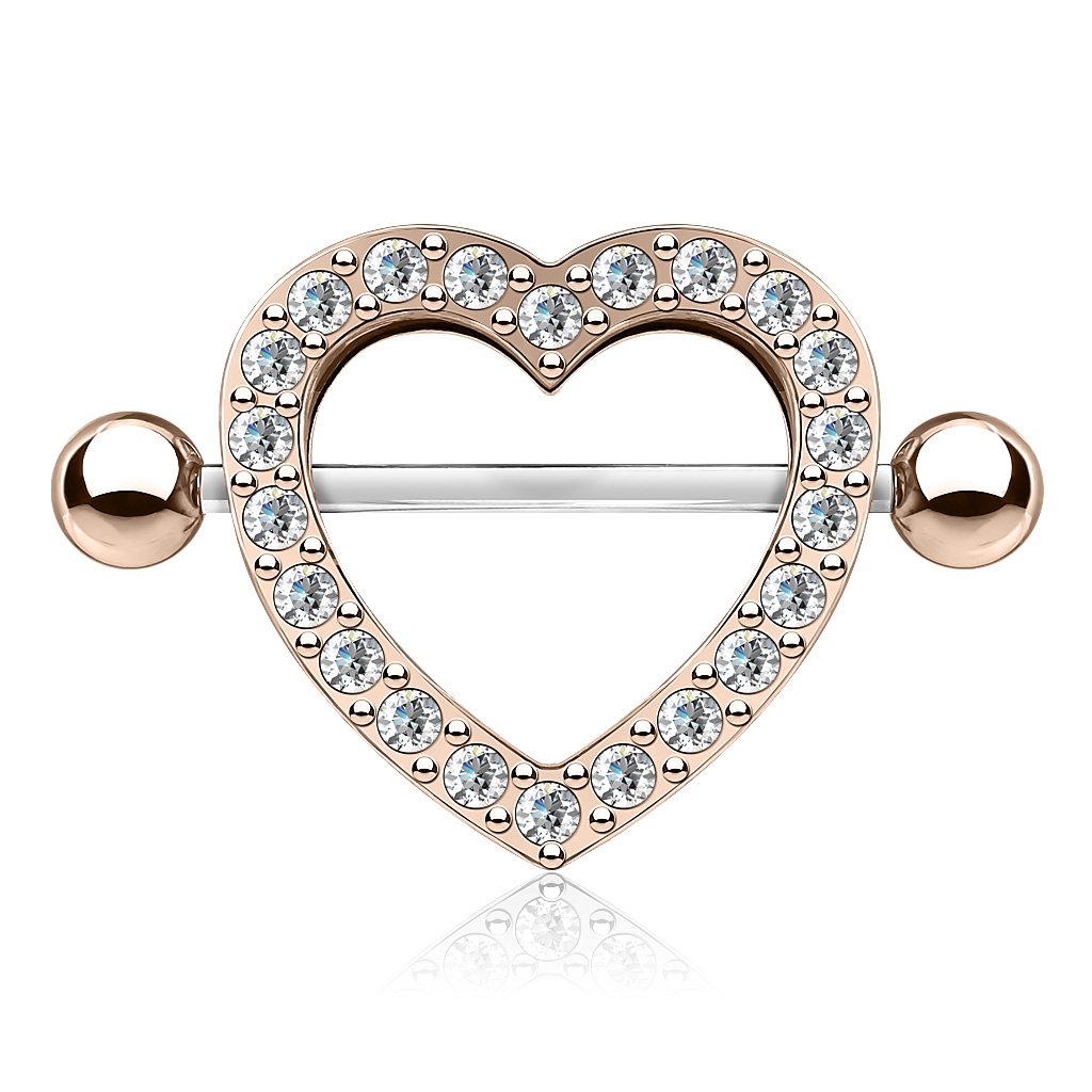 Cherry Diva Nipple Ring 14 Gauge Crystal Heart Barbell Nipple Shield - Rose Gold