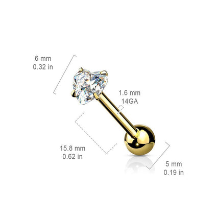 Cherry Diva Barbell 14 Gauge Prong Set Crystal Heart Tongue Barbell