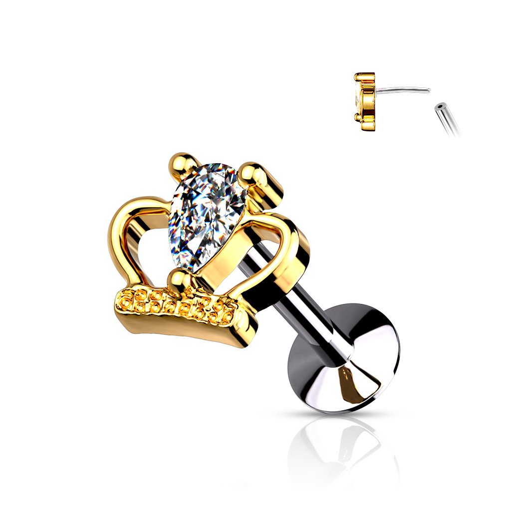 Cherry Diva Push Fit Stud GOLD 20 Gauge Press Fit Dainty Crystal Crown Cartilage Stud