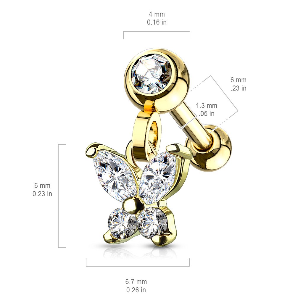 Cherry Diva Stud 16 Gauge Dangling Butterfly Cartilage / Tragus Stud