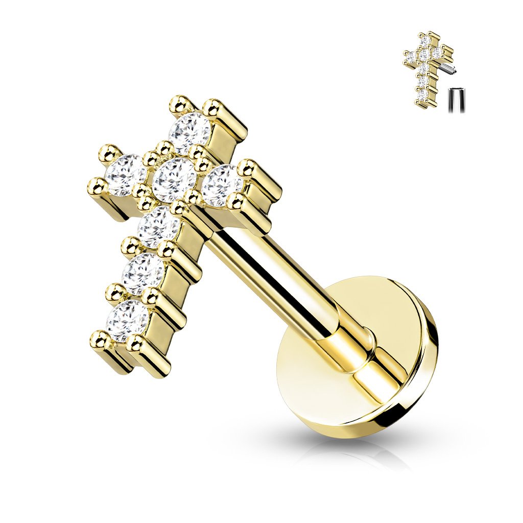 Cherry Diva Flat Back Stud Gold 16 Gauge Internally Threaded Crystal Cross Flat Back Stud