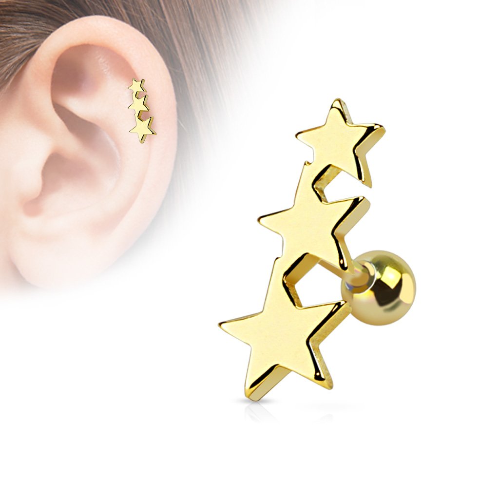 Cherry Diva Stud GOLD 16 Gauge Star Trio Tragus/Cartilage Stud