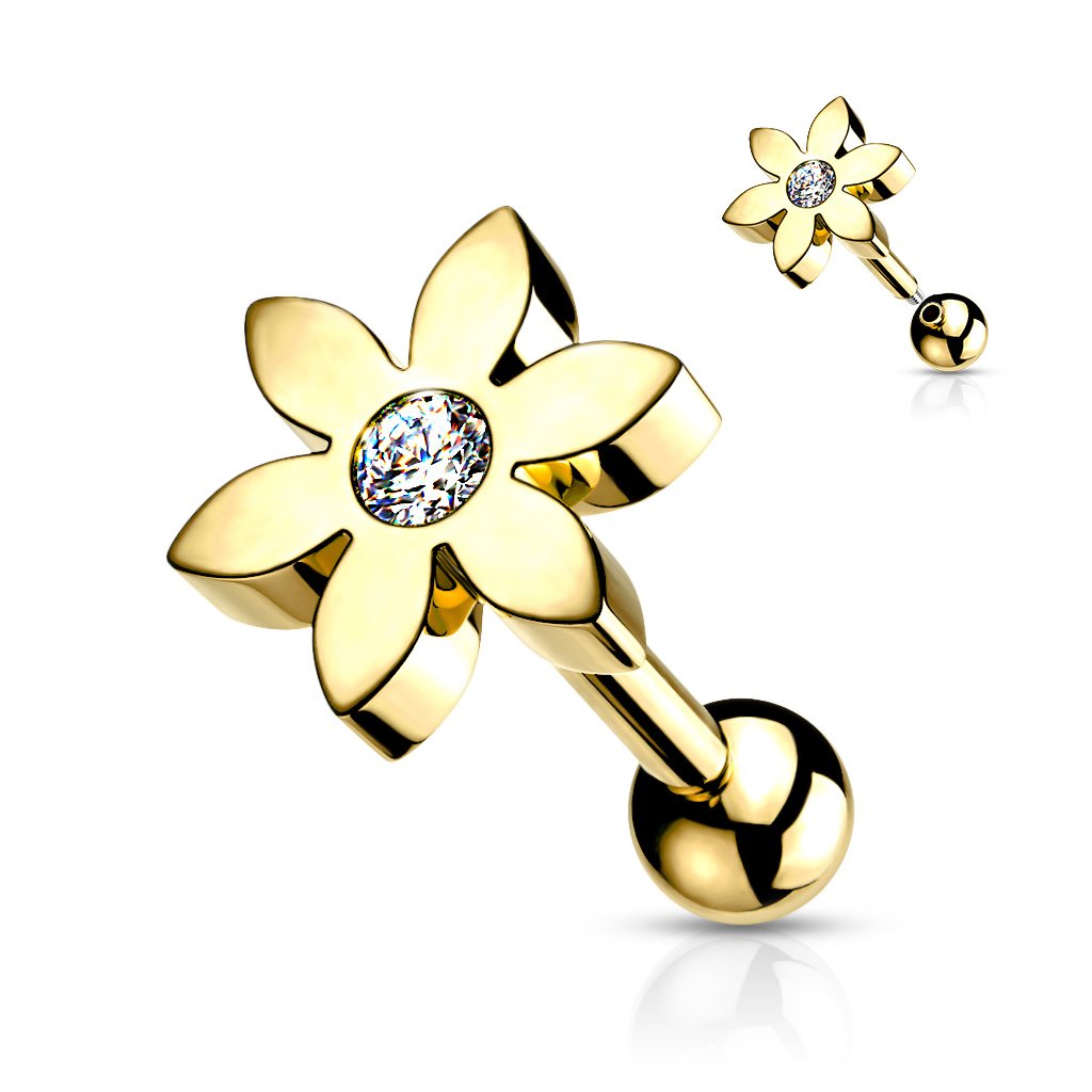 Cherry Diva Stud Gold 16 Gauge Five Petal Crystal Flower Cartilage / Tragus Stud