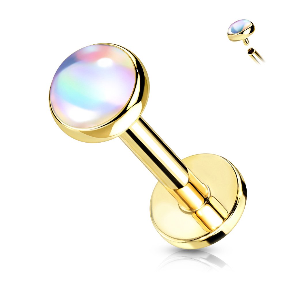 Cherry Diva Flat Back Stud GOLD / CLEAR 16 Gauge Internally Threaded Iridescent Opal Top Stud