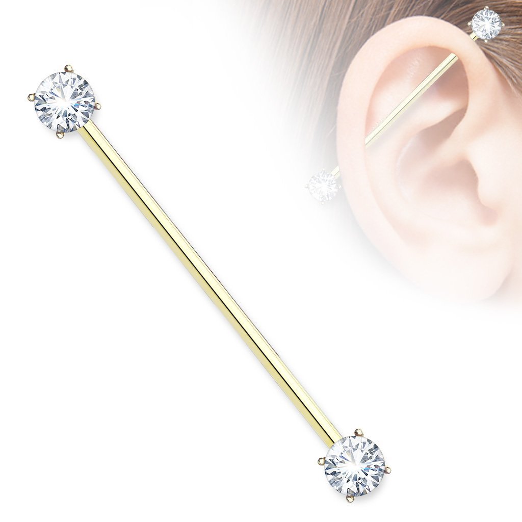 14 Gauge Gold Push Fit Crystal Industrial Barbell