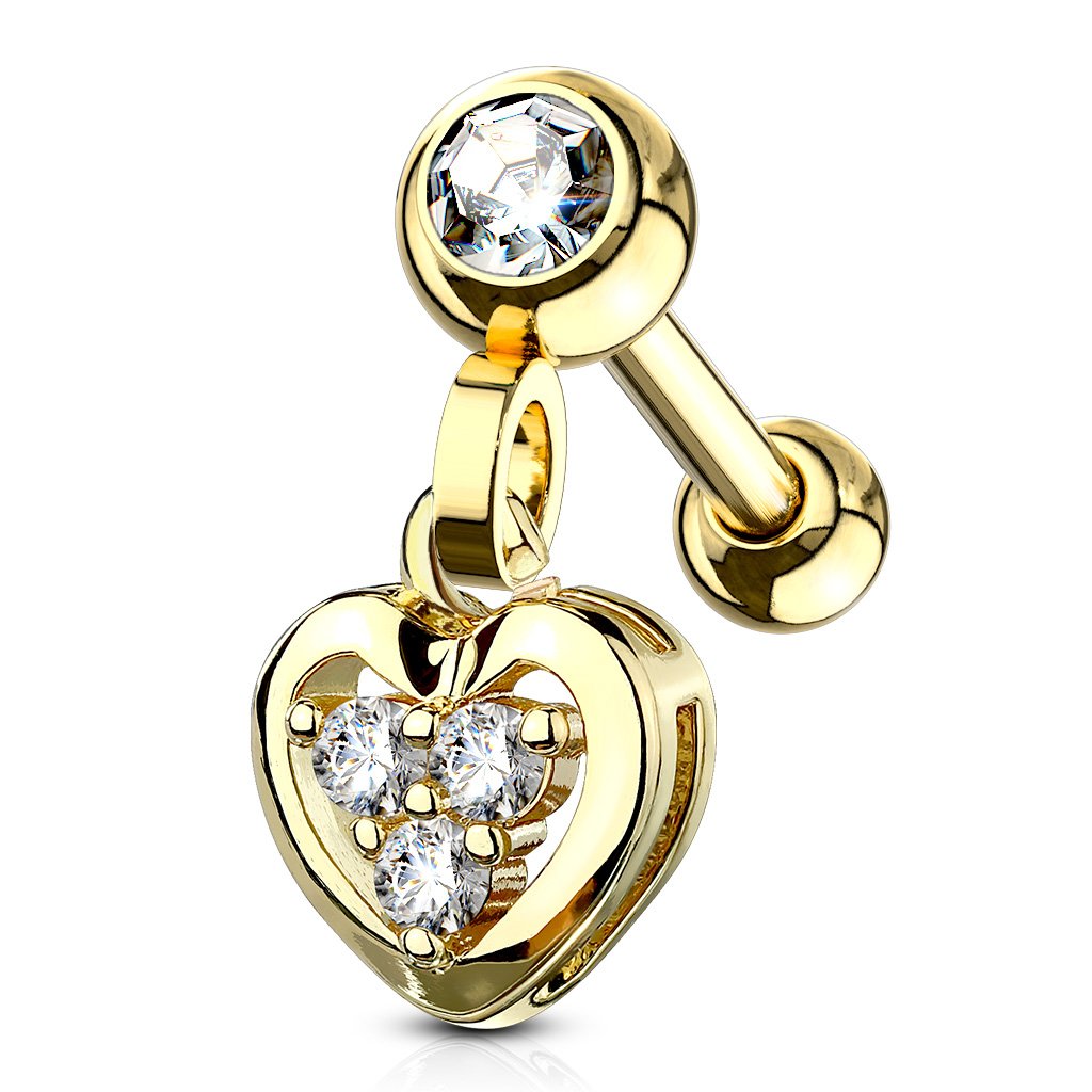 Cherry Diva Stud Gold 16 Gauge Dangling Heart Charm Cartilage Stud