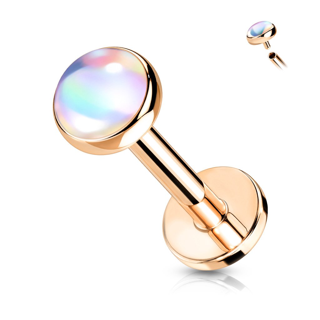 Cherry Diva Flat Back Stud ROSE GOLD / CLEAR 16 Gauge Internally Threaded Iridescent Opal Top  Stud