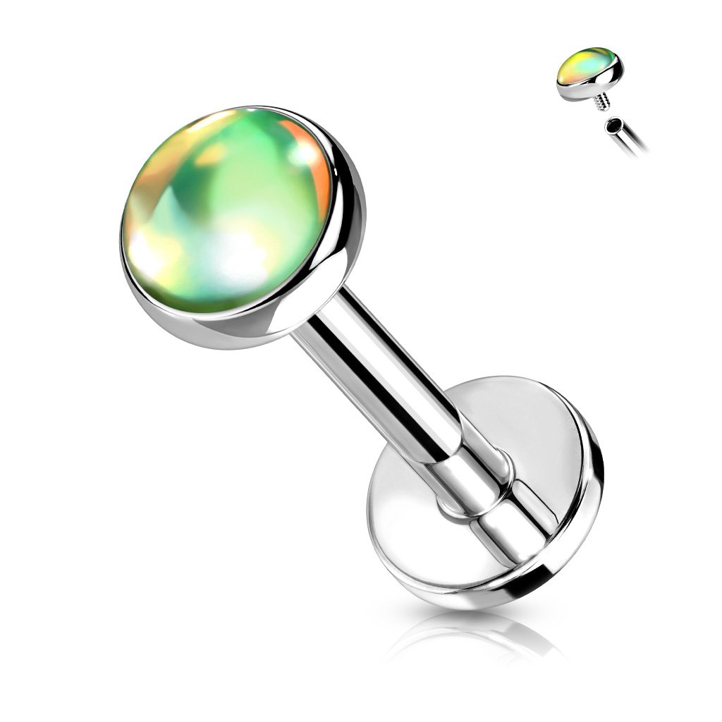 Cherry Diva Flat Back Stud SILVER / GREEN 16 Gauge Internally Threaded Iridescent Opal Top Stud