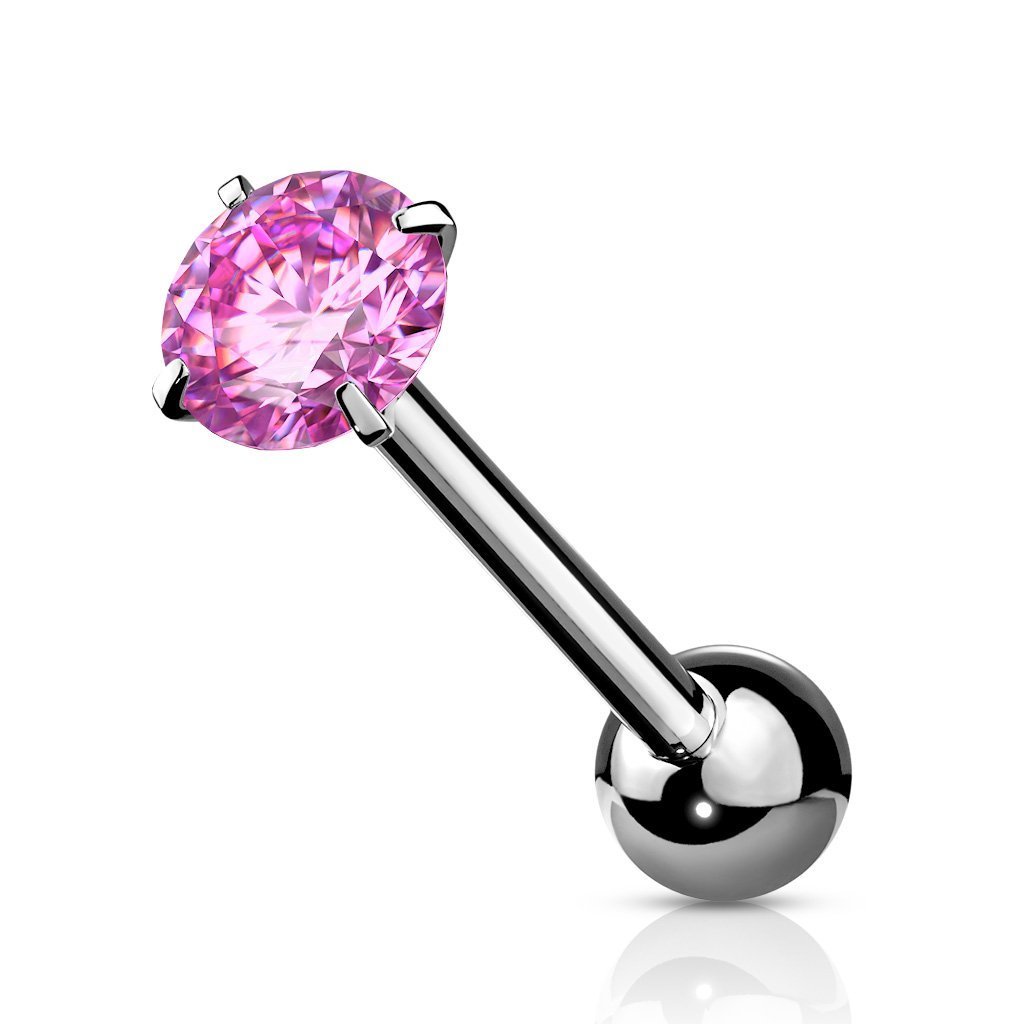 Cherry Diva Barbell Pink 14 Gauge Prong Set Round Crystal Tongue Barbell