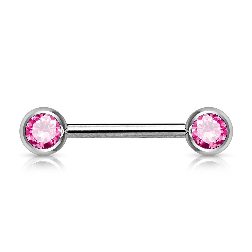 14 Gauge Double Crystal Barbell Nipple Bar - Pink