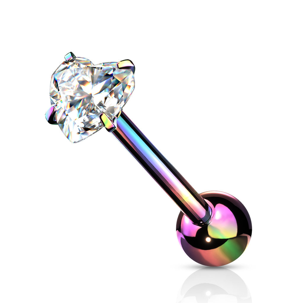 Cherry Diva Barbell Rainbow 14 Gauge Prong Set Crystal Heart Tongue Barbell