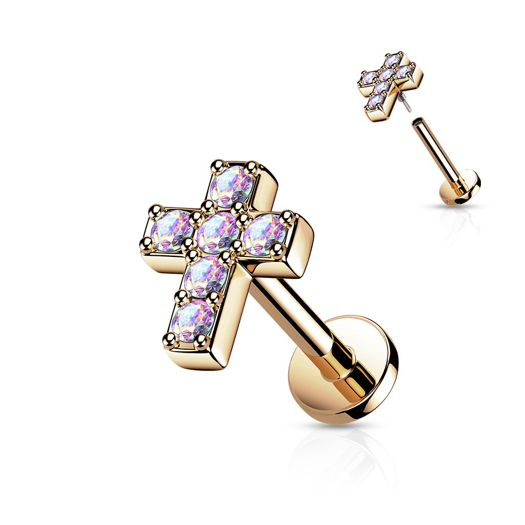 Cherry Diva Flat Back Stud ROSE GOLD 16 Gauge Internally Threaded Cross Cartilage / Tragus Stud