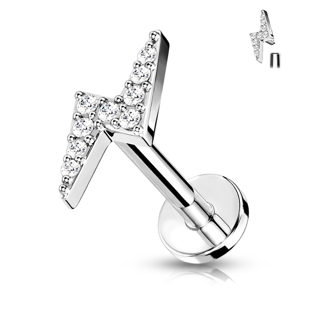Cherry Diva Barbell Silver - 6MM 16 Gauge Crystal Lightning Bolt Cartilage / Tragus Stud