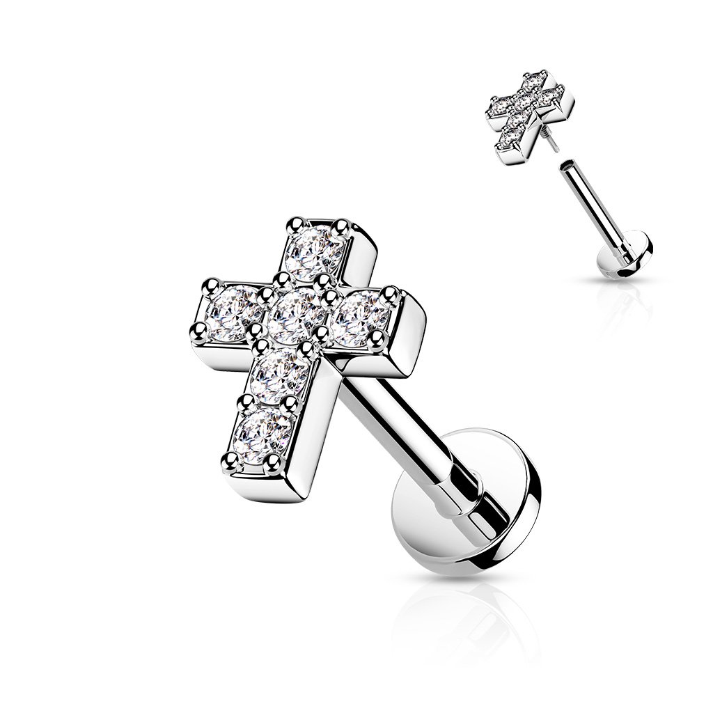Cherry Diva Flat Back Stud SILVER 16 Gauge Internally Threaded Cross Cartilage / Tragus Stud