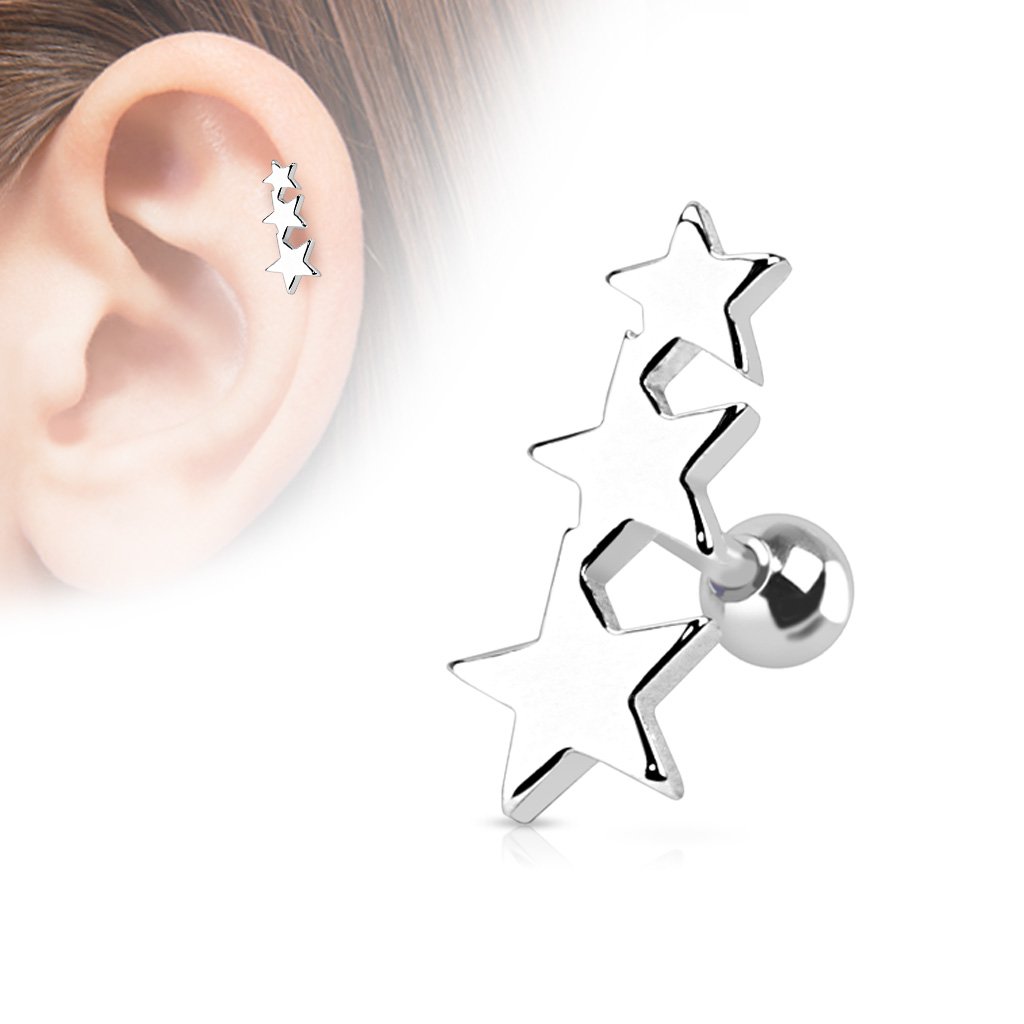Cherry Diva Stud SILVER 16 Gauge Star Trio Tragus/Cartilage Stud