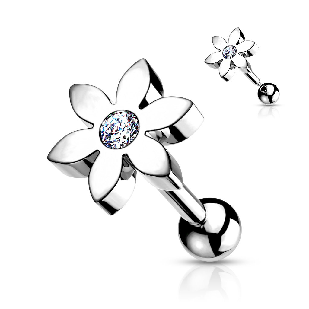 Cherry Diva Stud Silver 16 Gauge Five Petal Crystal Flower Cartilage / Tragus Stud