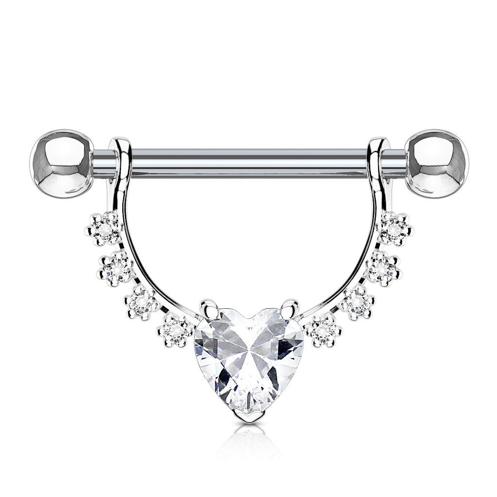 Cherry Diva Barbell Silver / Clear Crystal 14 Gauge Dangling Crystal Heart Barbell Nipple Bar