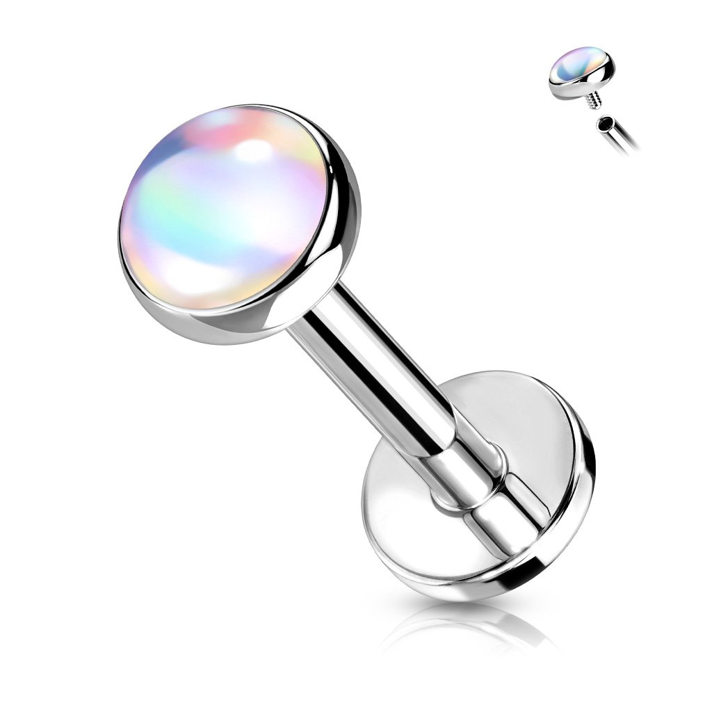 Cherry Diva Flat Back Stud SILVER / CLEAR 16 Gauge Internally Threaded Iridescent Opal Top Stud
