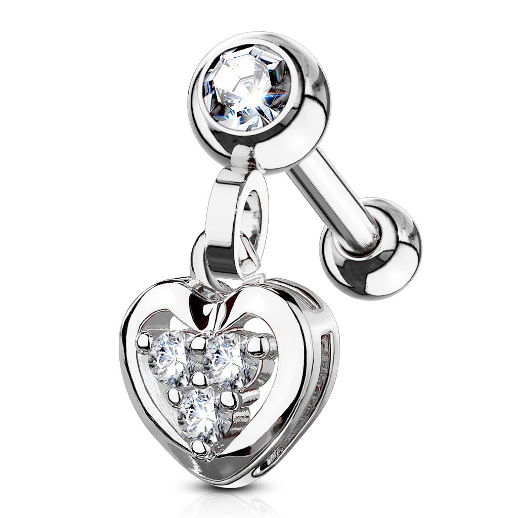 Cherry Diva Stud Silver 16 Gauge Dangling Heart Charm Cartilage Stud