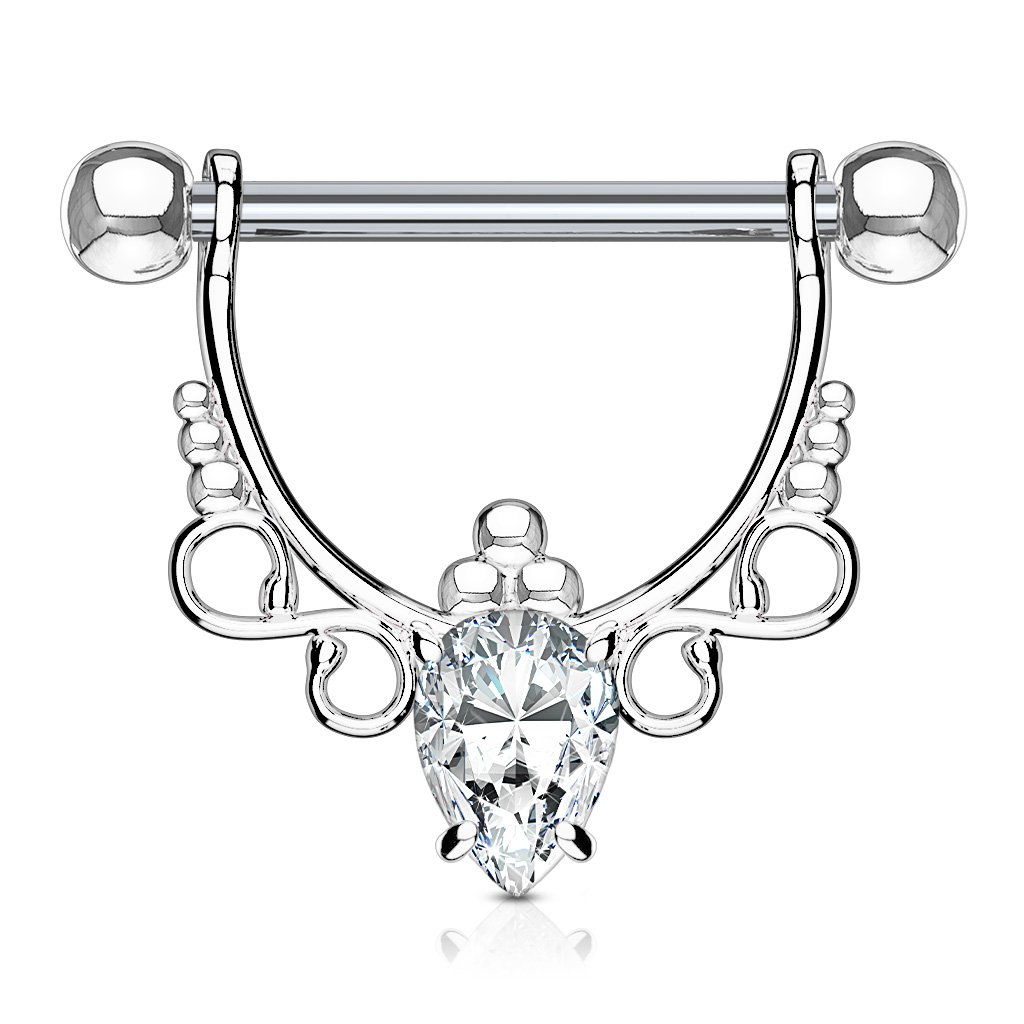 Cherry Diva Nipple Ring Silver 14 Gauge Ornate Crystal Barbell Nipple Ring