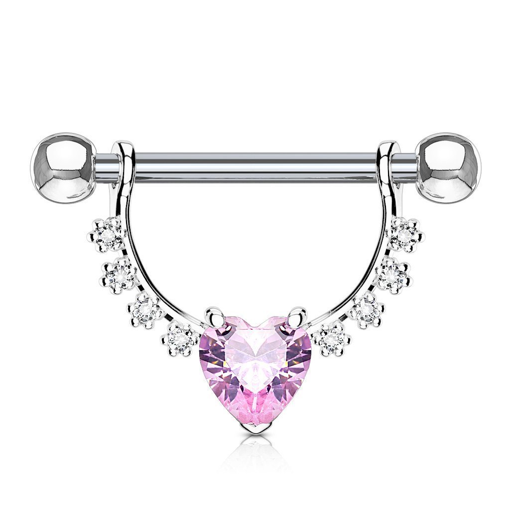 Cherry Diva Barbell Silver / Pink Crystal 14 Gauge Dangling Crystal Heart Barbell Nipple Bar