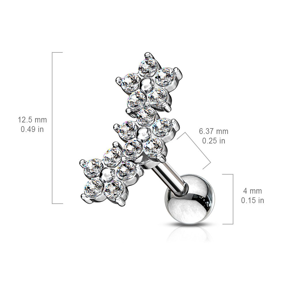 Cherry Diva Stud 16 Gauge Triple Crystal Flower Cartilage / Tragus Stud