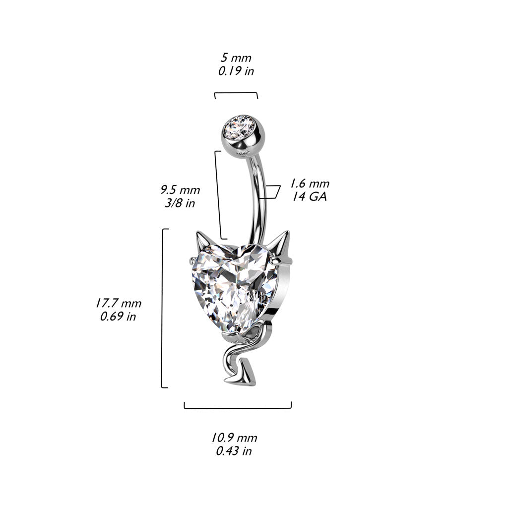 Cherry Diva belly bar 14 Gauge Dainty Devil Heart Belly Button Ring - Silver