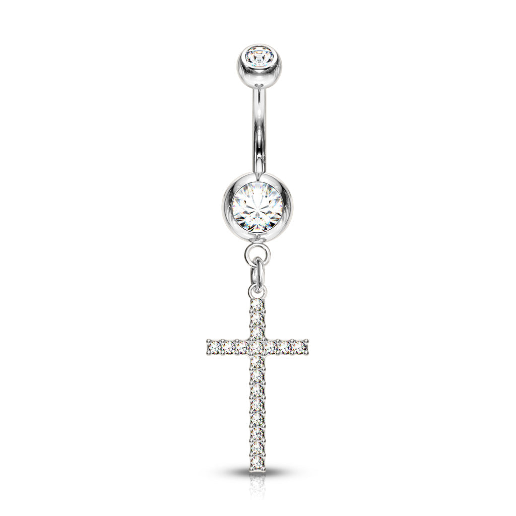 Cherry Diva belly bar 14 Gauge Dangling Silver Cross Belly Button Bar