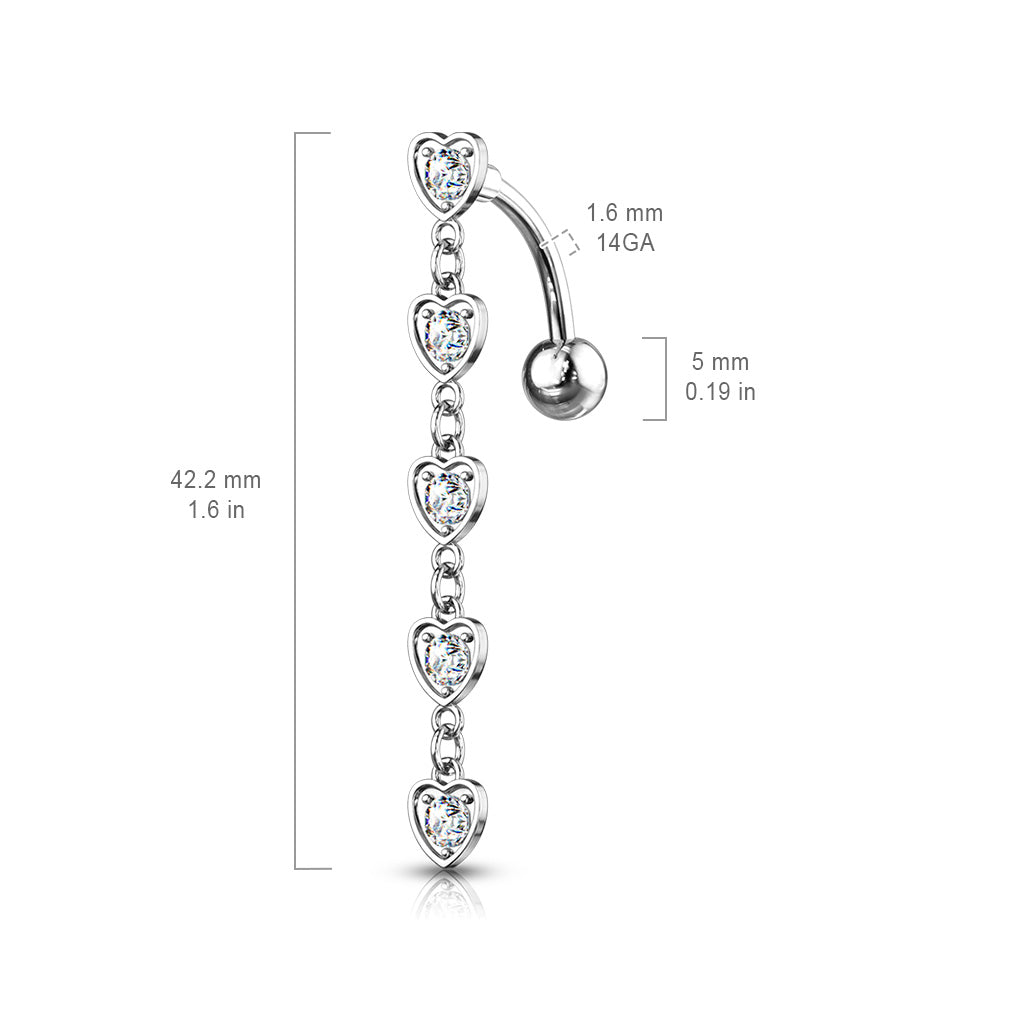 Cherry Diva belly bar 14 Gauge Silver Dangling Hearts Reverse Belly Button Bar
