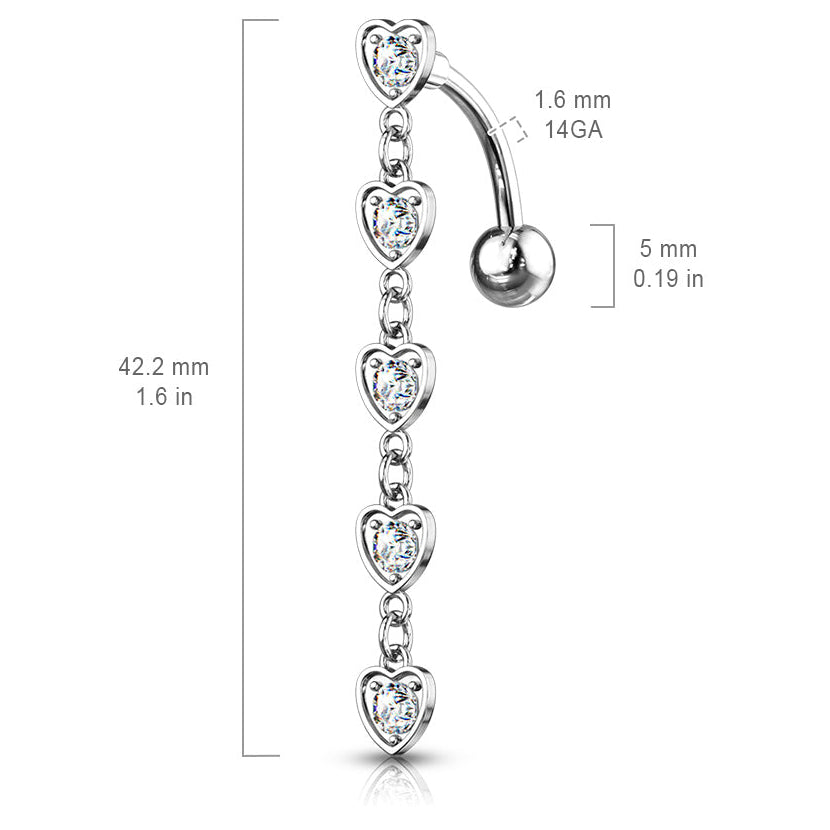 Cherry Diva belly bar 14 Gauge Silver Dangling Hearts Reverse Belly Button Bar