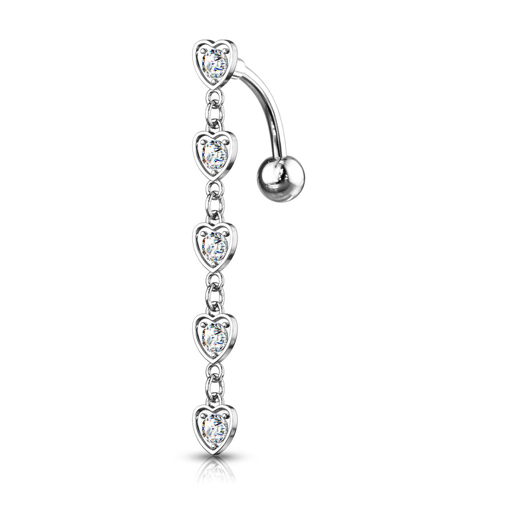 Cherry Diva belly bar 14 Gauge Silver Dangling Hearts Reverse Belly Button Bar