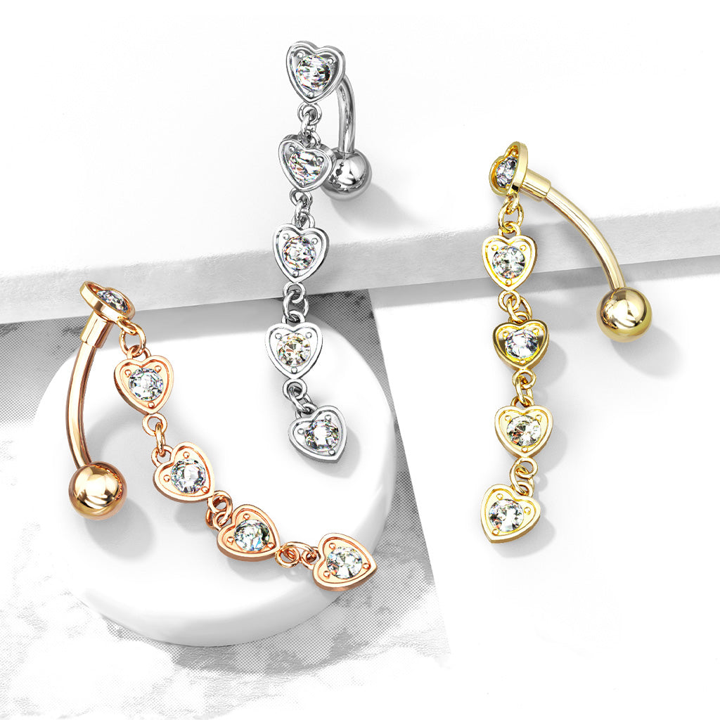 Cherry Diva belly bar 14 Gauge Silver Dangling Hearts Reverse Belly Button Bar