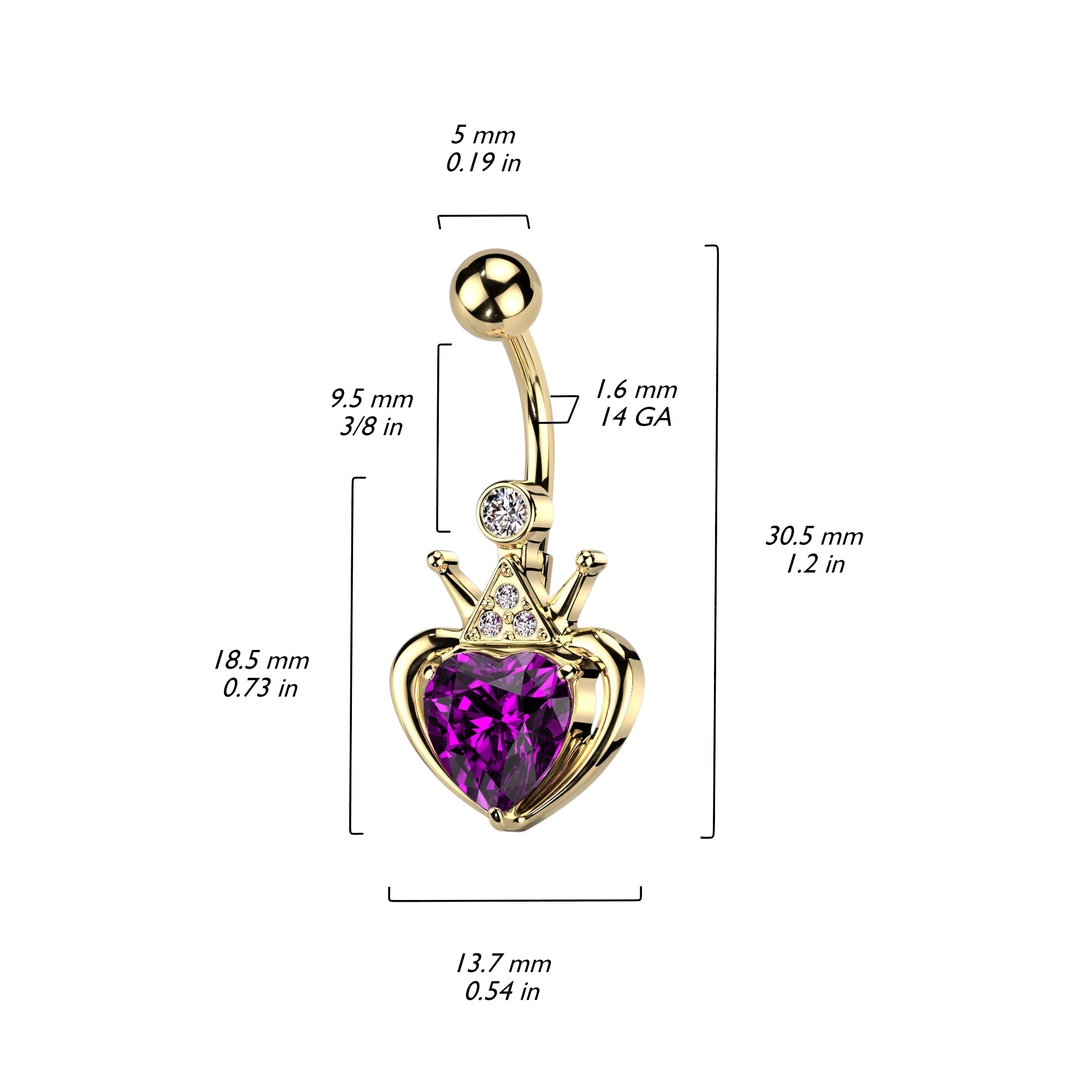 Cherry Diva belly bar 14 Gauge Golden Heart & Crown Belly Button Ring