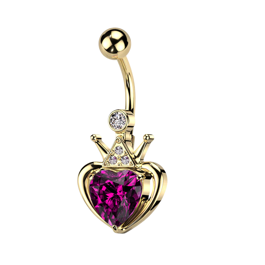 Cherry Diva belly bar 14 Gauge Golden Heart & Crown Belly Button Ring