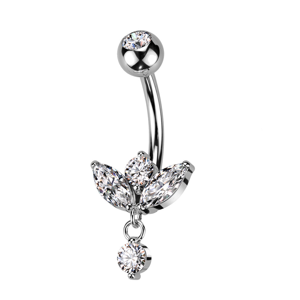 Cherry Diva belly bar 14 Gauge Silver Crystal Marquise Flower Belly Bar