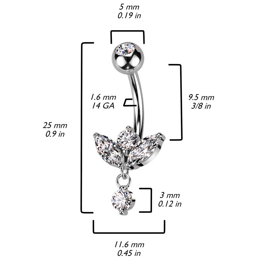 Cherry Diva belly bar 14 Gauge Silver Crystal Marquise Flower Belly Bar