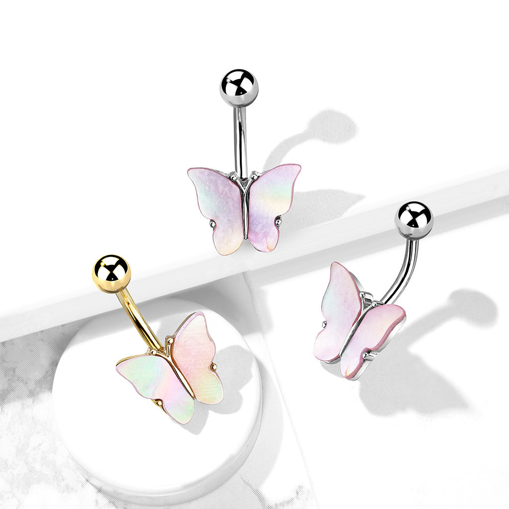 Cherry Diva belly bar 14 Gauge Silver Shell Covered Butterfly Belly Bar