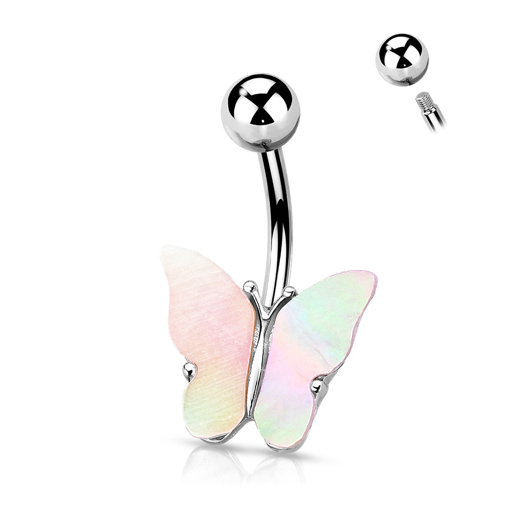 14 Gauge Silver Shell Covered Butterfly Belly Bar