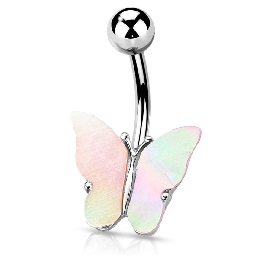 Cherry Diva belly bar 14 Gauge Silver Shell Covered Butterfly Belly Bar