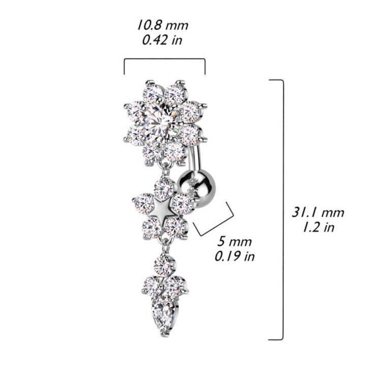 Cherry Diva belly bar 14 Gauge Silver Triple Flower Reverse Belly Button Bar