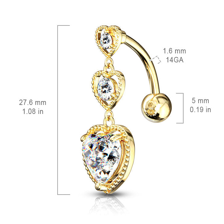 Cherry Diva belly bar 14 Gauge Silver Triple Heart Reverse Belly Button Ring