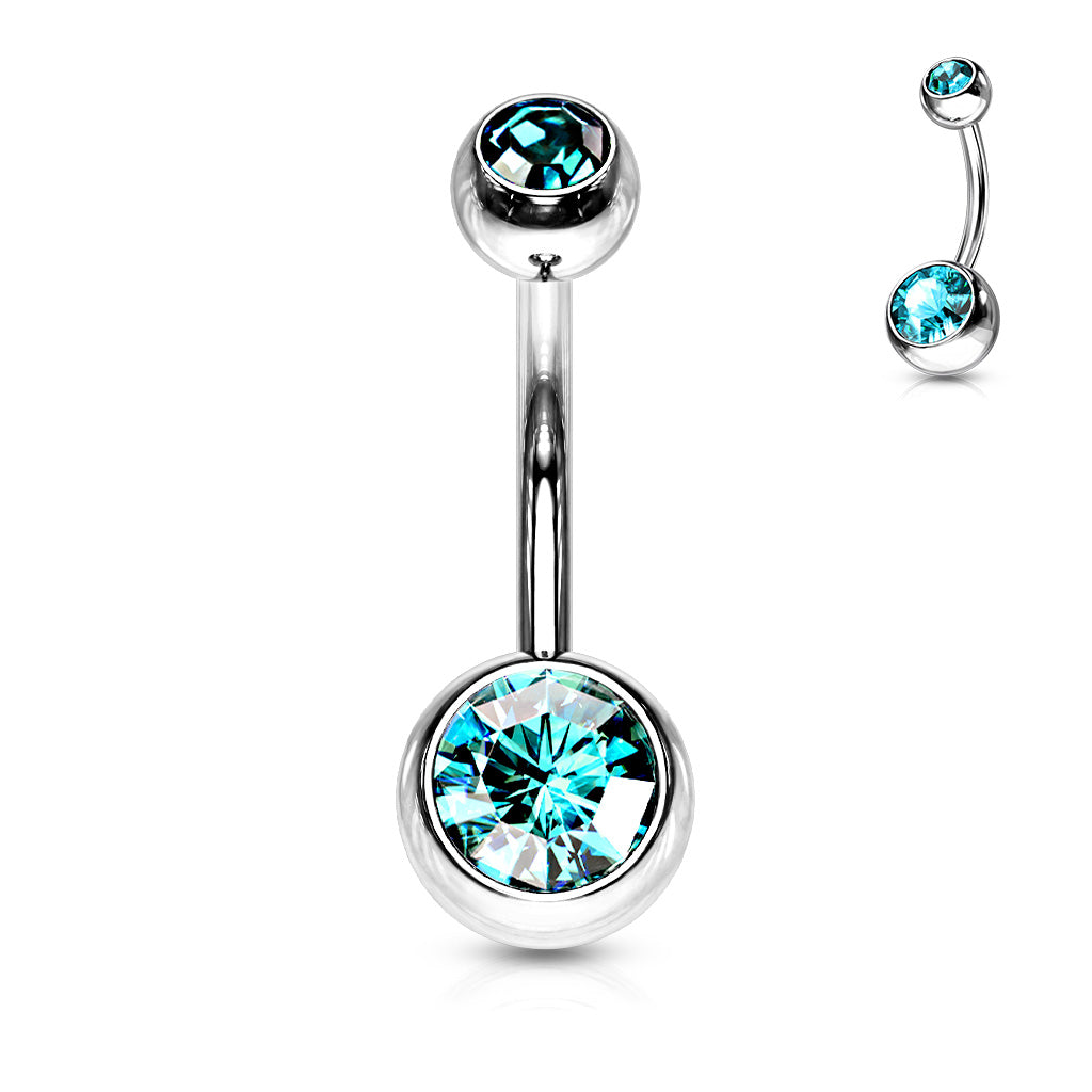 Cherry Diva belly bar Aqua 14 Gauge Double Crystal Surgical Steel Belly Bar