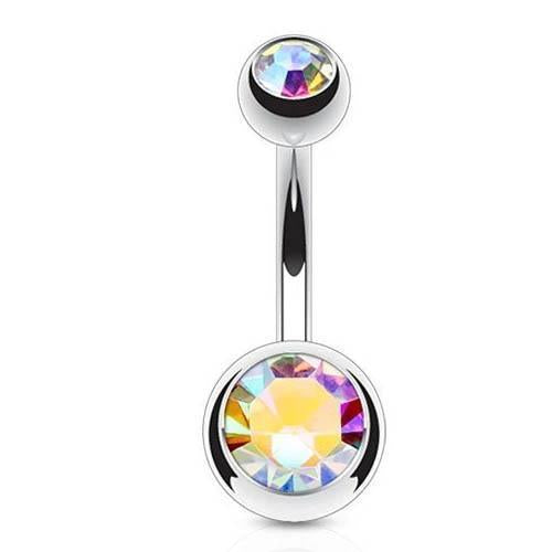 Cherry Diva belly bar Aurora 14 Gauge Double Crystal Surgical Steel Belly Bar